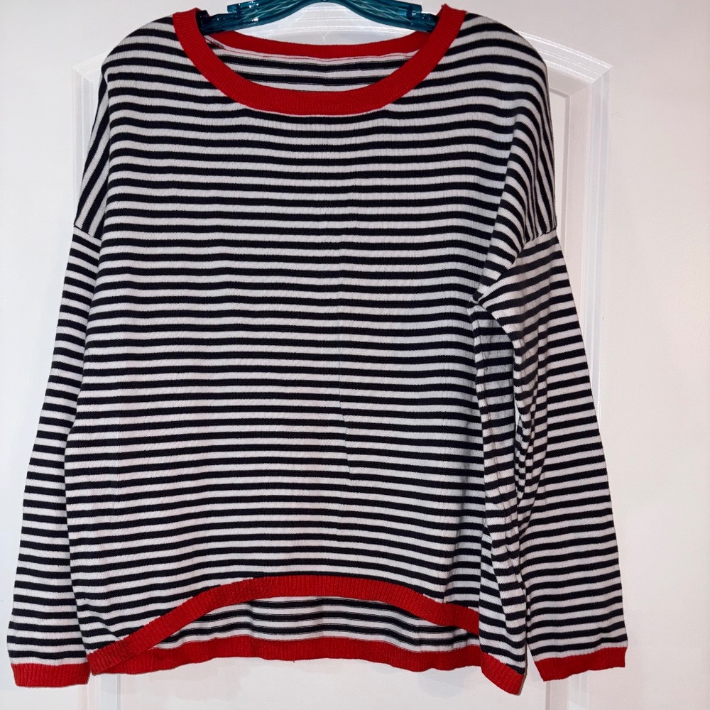 Things Between - navy and white crew neck knit sweater with red trim Large